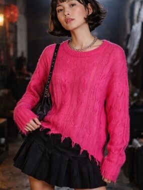 Anthropologie The Posey Stitchy Distressed Open Knit Wool Sweater Pink S